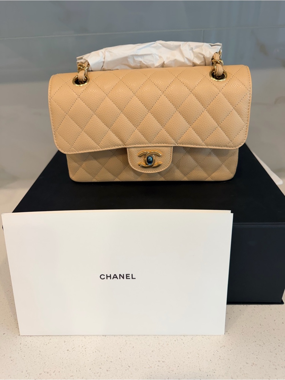 CHANEL Shoulder double Flap Bag in Beige with Gold Hardware